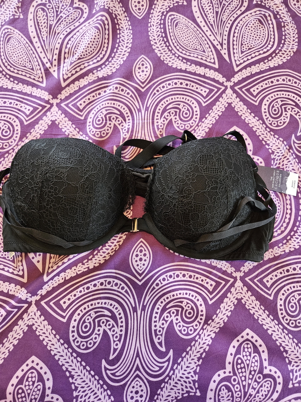 Cacique Black Lace Strapless Push-Up Bra with Removable Straps